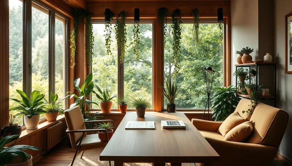 Home office com plantas e elementos naturais