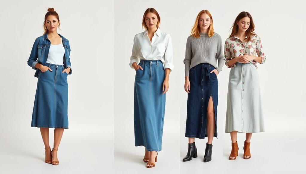 saia jeans longa em diferentes ocasiões