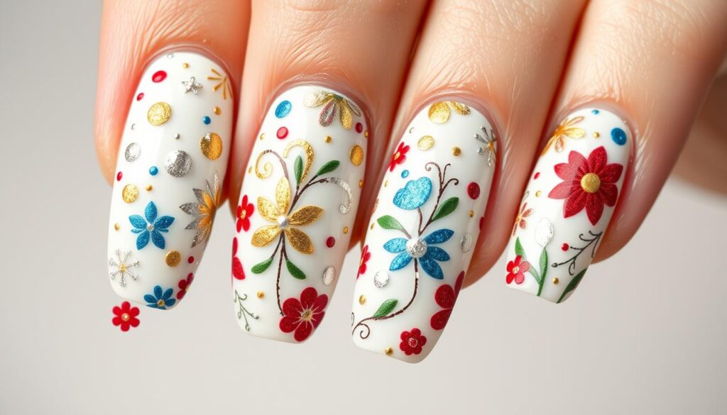 unhas decoradas com branco e cores festivas