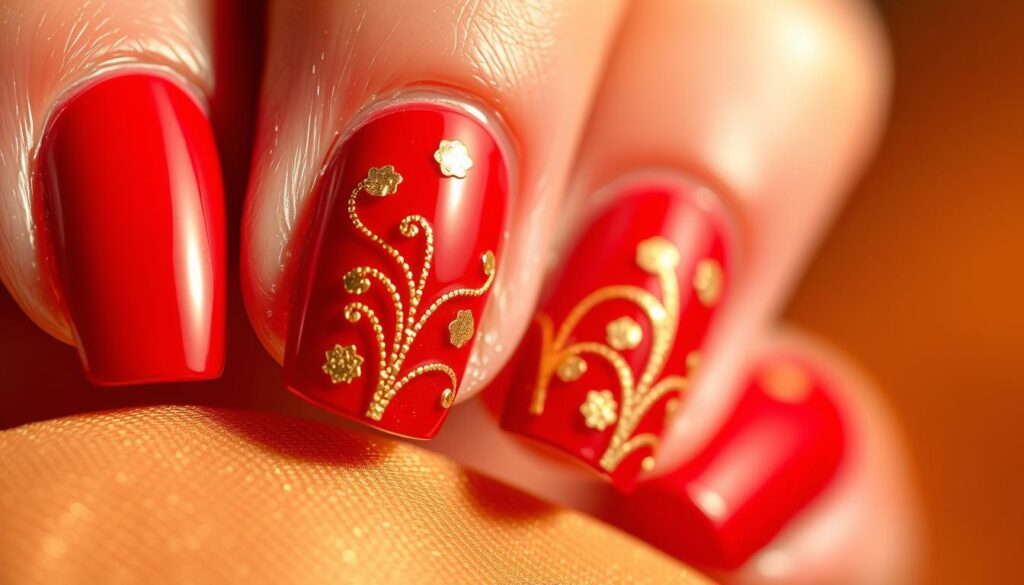 unhas decoradas vermelhas com folhas de ouro