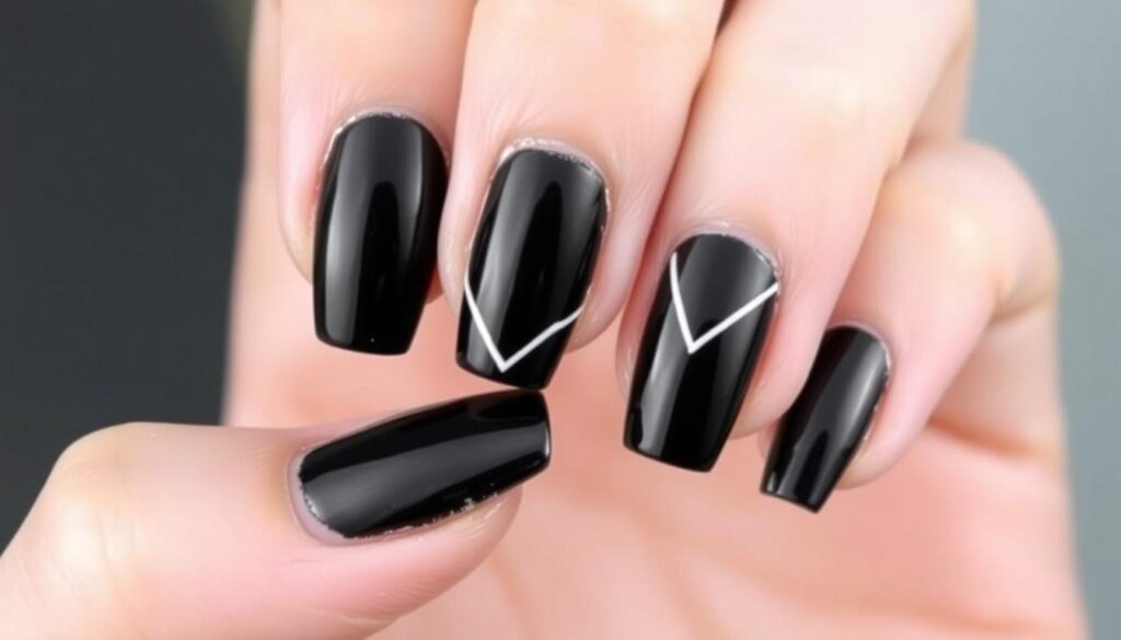 unhas pretas com desenhos geométricos