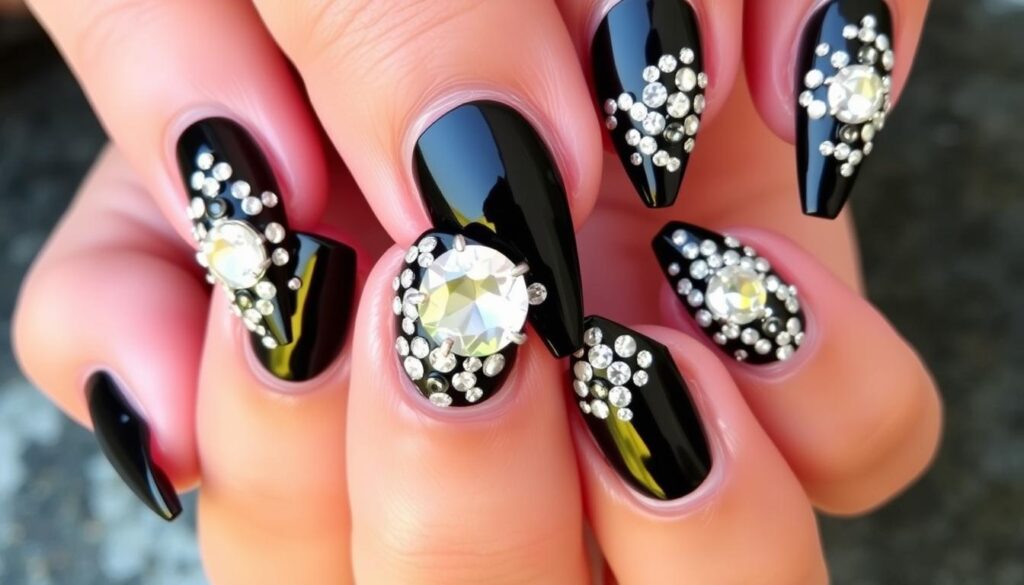 unhas pretas com pedrarias 2025
